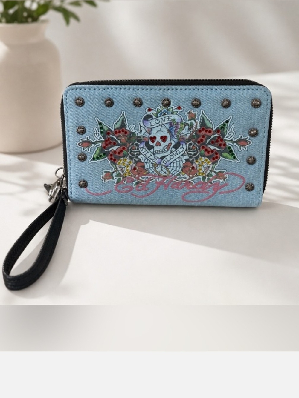 Light Blue Denim Skull-Embellished Wristlet Wallet New